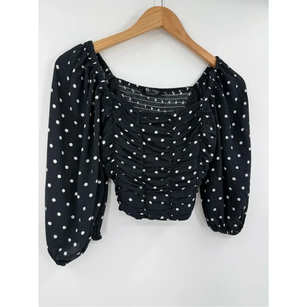 Zara Ruched Puff Sleeve  Polka Dot Crop Top | Black / White | Small